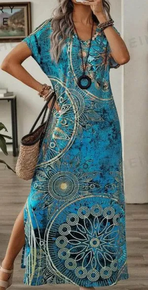 Fashionable Layers Body Confidence Women's Vintage Floral Print V-Neck Batwing Sleeve Casual Summer Dress Maxi Women Dresses Long Dress