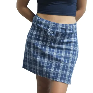 Women's Stretchy Plaid Skirt,Navy/White Figure Flattering Stretchable Waist