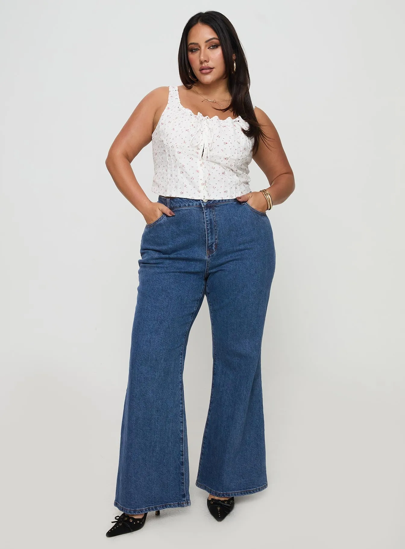 Lucille High Rise Flared Jeans Mid Wash Curve wrinkle free