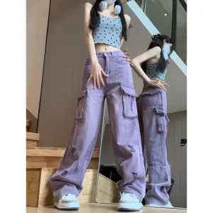 Summer Retro Hot Girl Sweet Cool Style Purple Washed Distressed Straight Wide Leg Jeans For Women Sophisticated Style