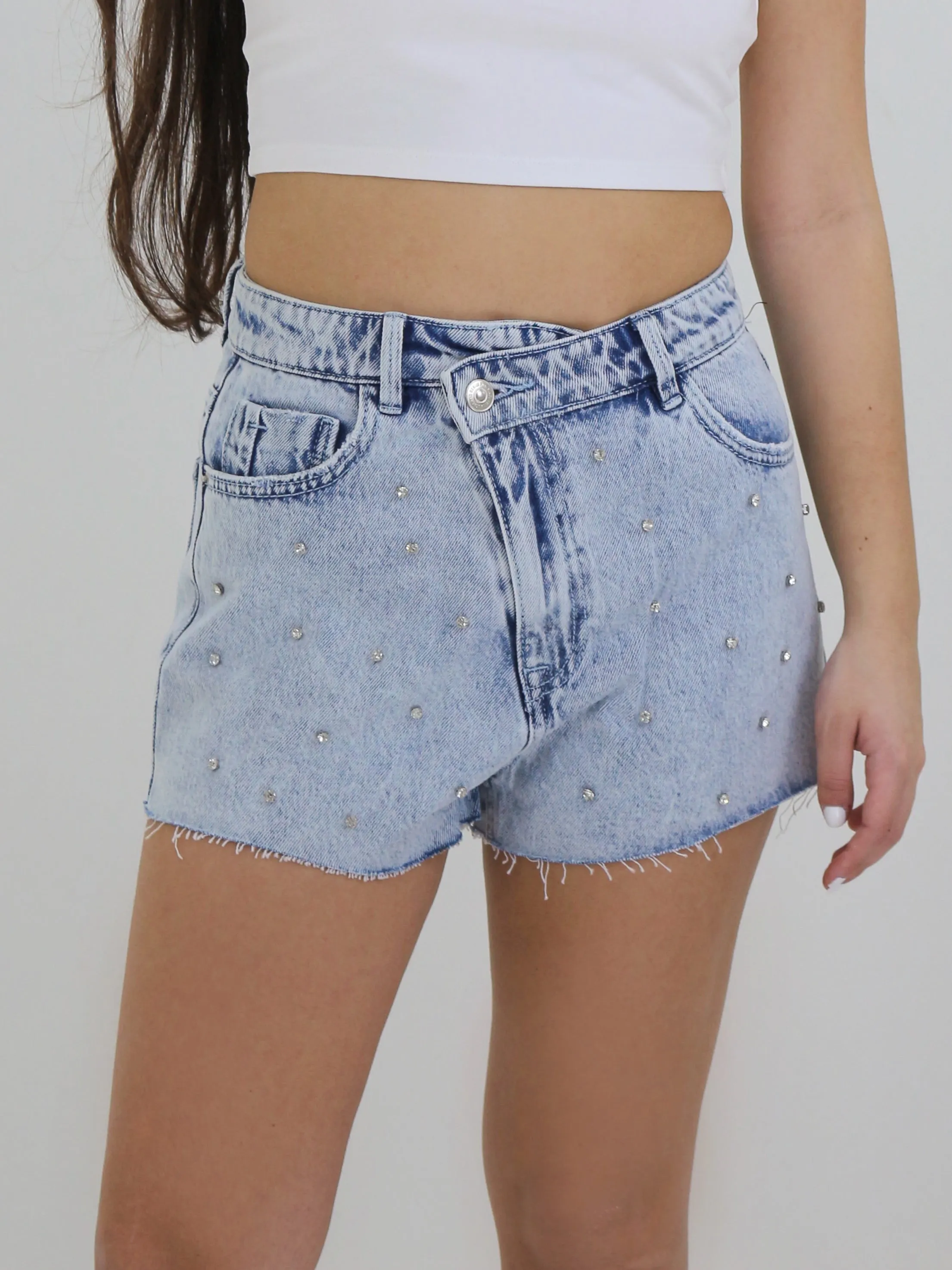 Women's Mini Washed Denim Short With Strass,Light Blue Eco - friendly