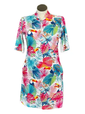 Buckle-Detail Tail 3/4 Sleeveless Tropical Toucan Print Dress Size XL