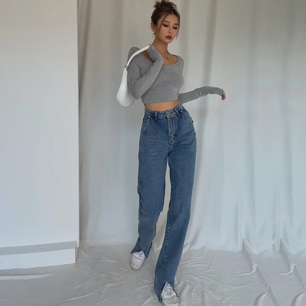 Jump Core Trendy Look Handsome Cool Stylish Front Slit High Waist Jeans Mop