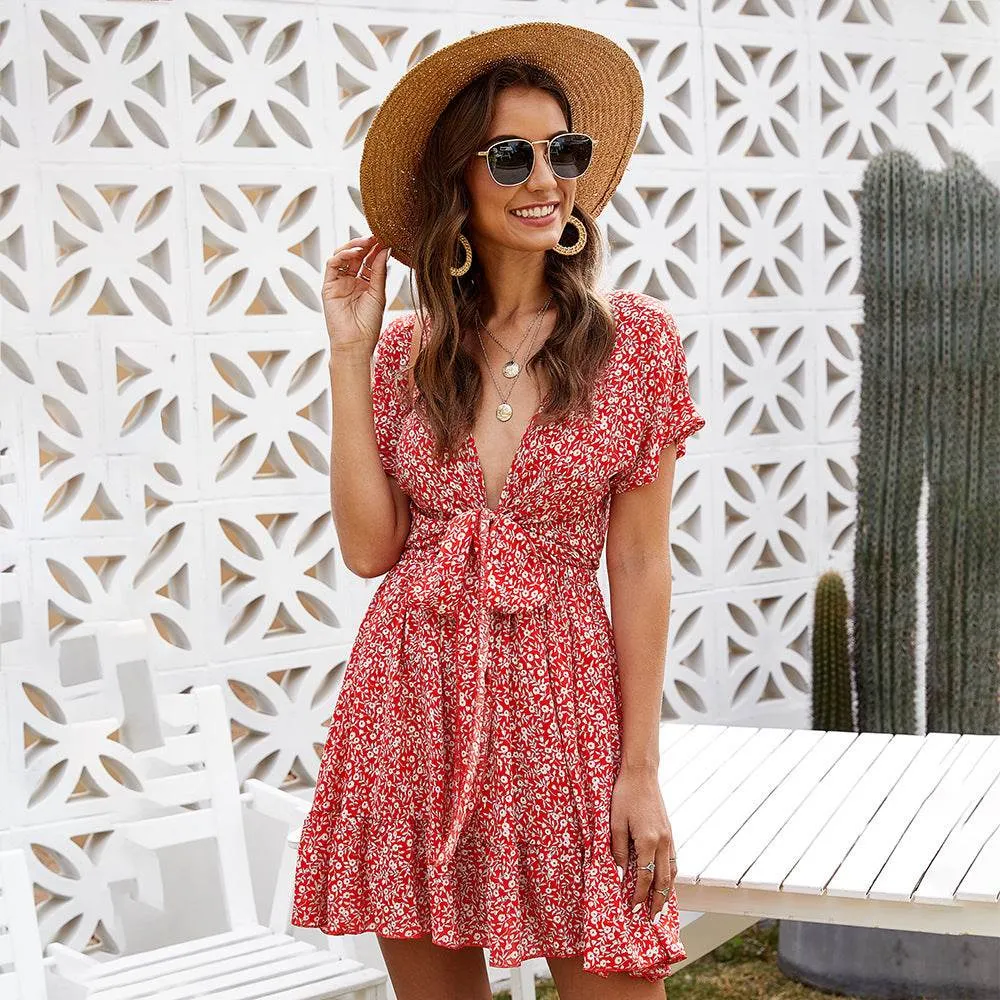 Tailored Cut Casual Deep V-neck Short Sleeve Tie belt Floral Summer Mini Dress