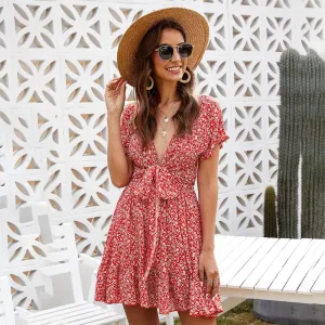 Casual Deep V-neck Short Sleeve Tie belt Floral Summer Mini Dress Versatile Comfort Comfy Look
