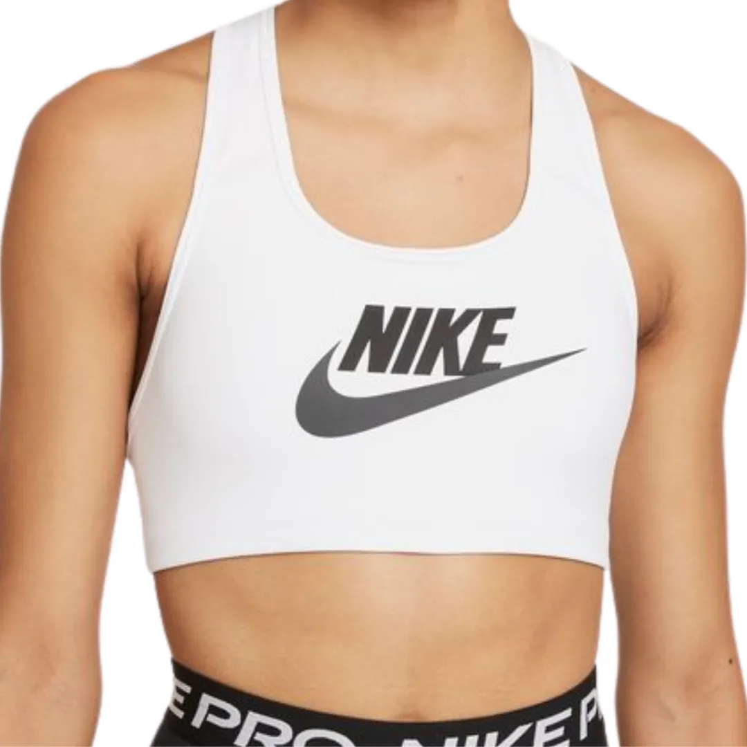Nike Dri-FIT Swoosh Women's Medium-Support Graphic Sports Bra - White/Black/DK Smoke Grey Zigzag stitching