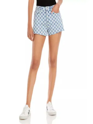 Women's Checkered Denim Short,Blue Stretch Support