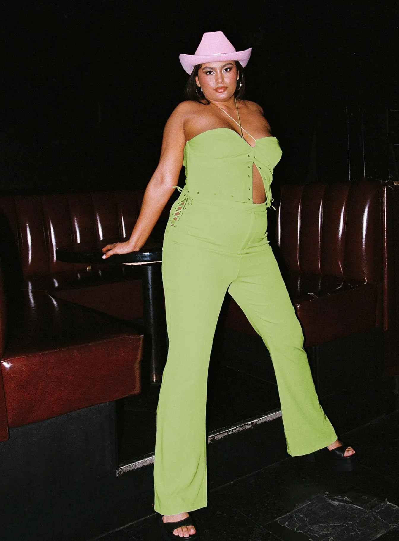 StaticResistantMaterial Chilly Weather Fit Mid Way Laced Flare Pants Green Curve