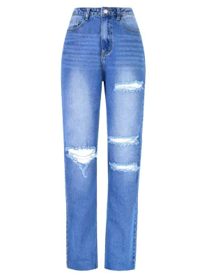 Women's High Waist Straight Ripped Jeans ReflectiveTrims