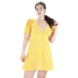 Women's V-Neck Floral Shirt Dress,Yellow All Timewear