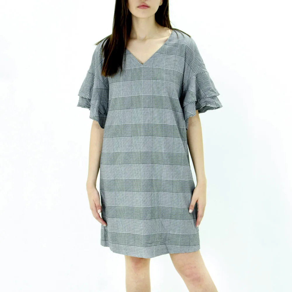 Women's Ruffled-Sleeve Plaid Dress,Black/White All Time Fit Unisex Option