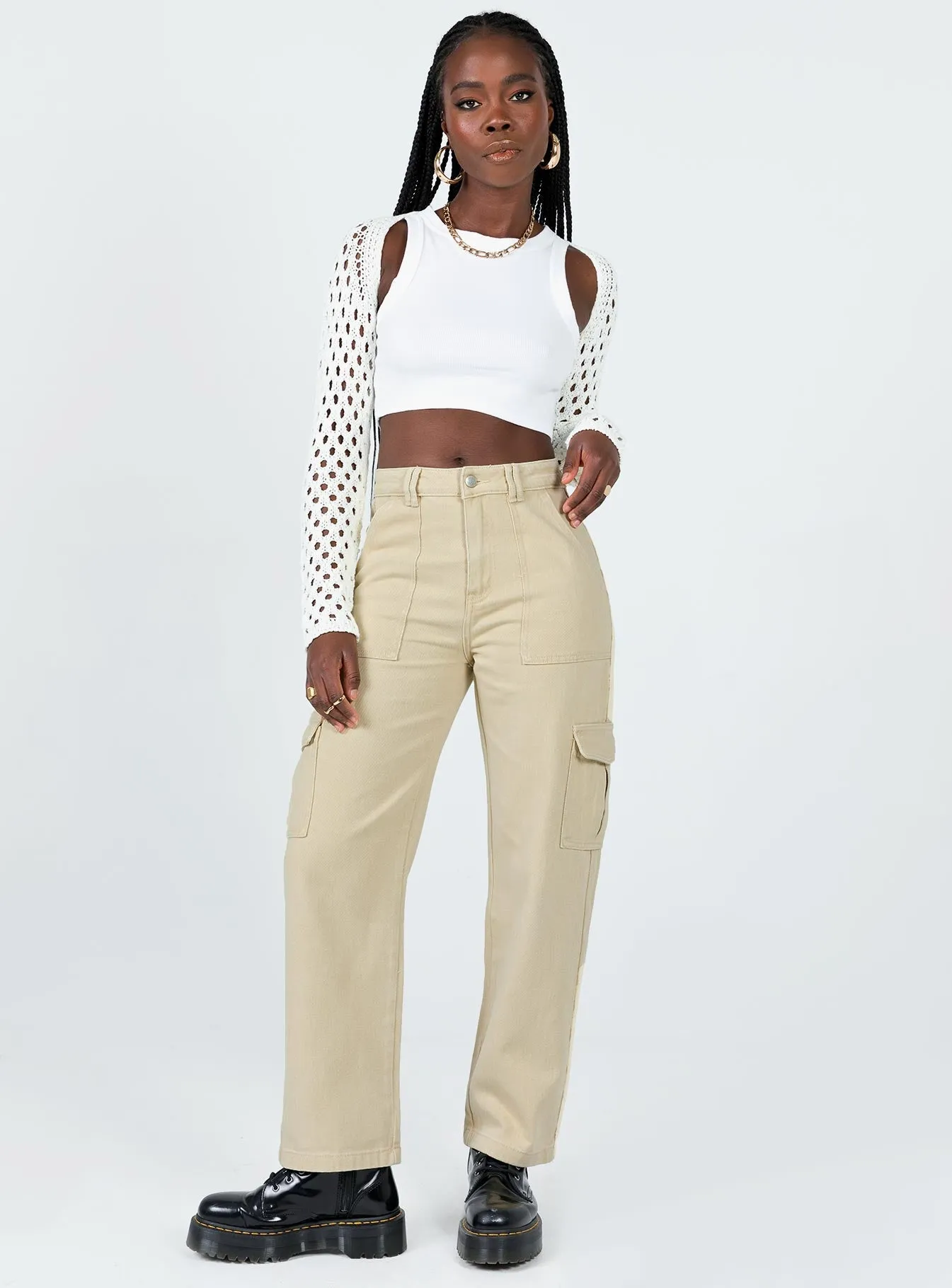 Feminine Cut Sporty Look Adelaide Cargo Jeans Stone