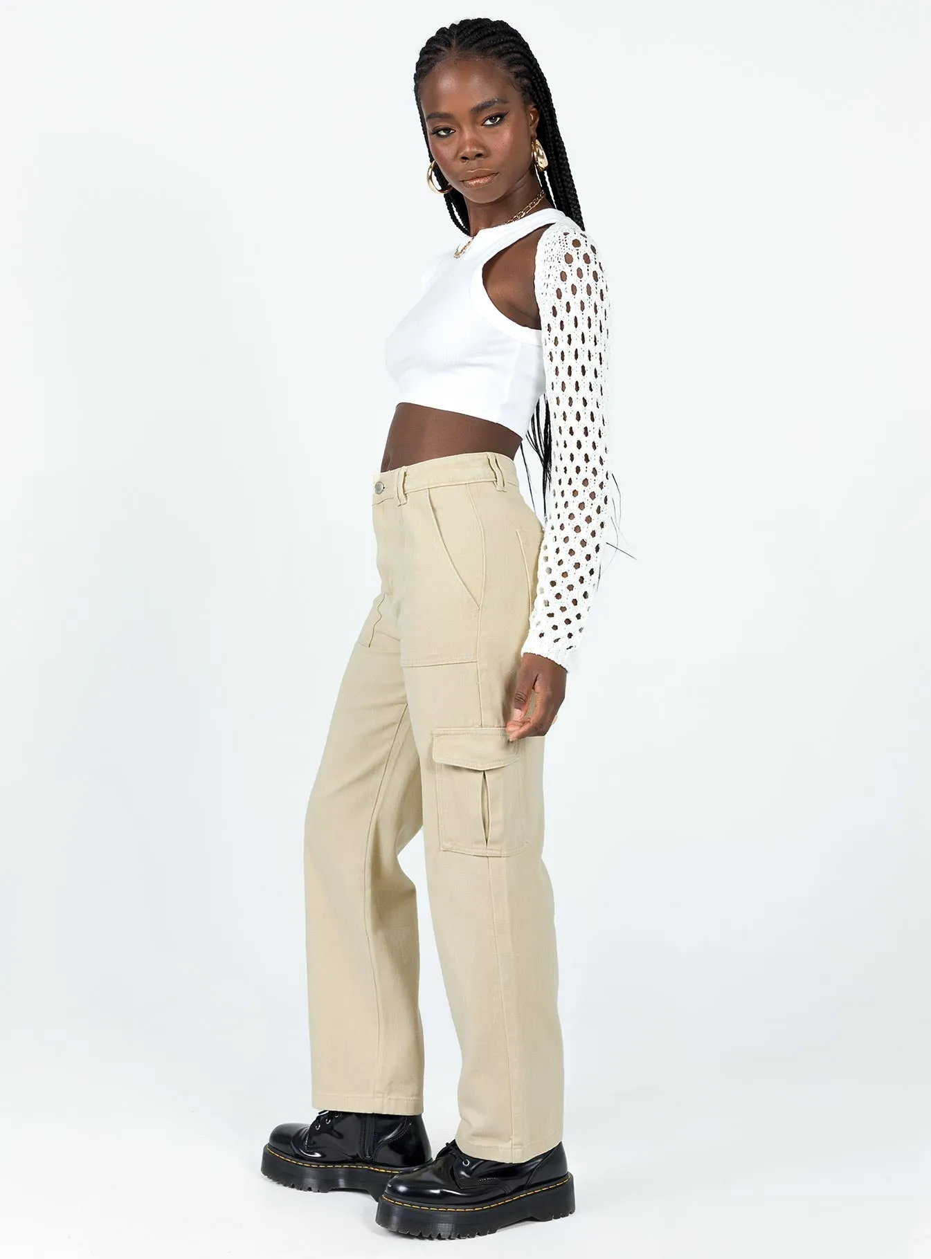 High-rise waist Windproof coating Adelaide Cargo Jeans Stone