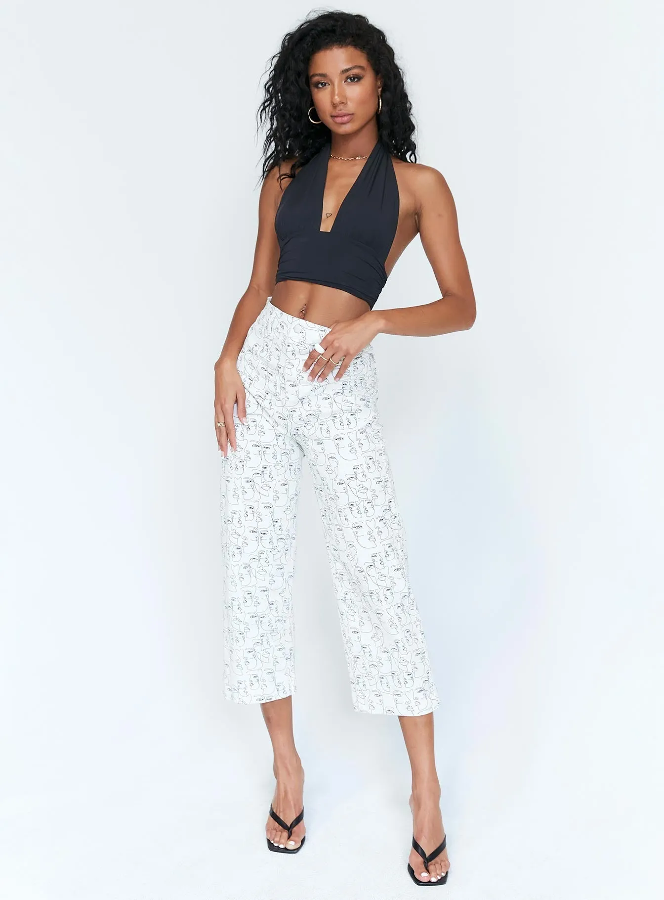 Smart Casual Comfortable Fit Wear Nelly Wide Leg Face Print Pants White