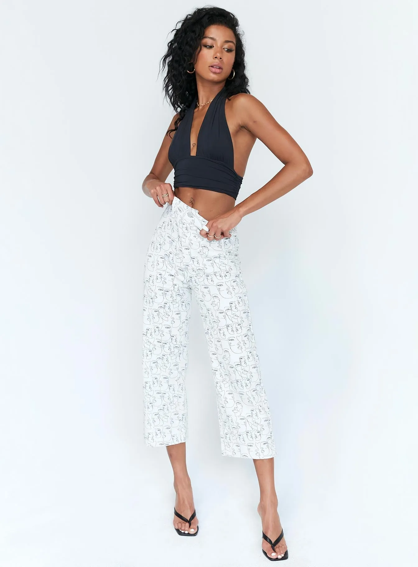 Nelly Wide Leg Face Print Pants White Anti Pilling Surface LightweightConstruction