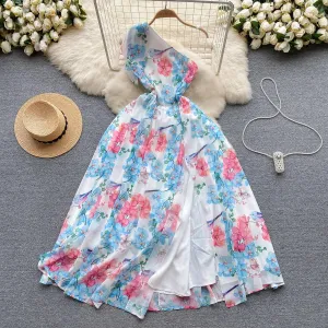 Sleeveless V-neck Print A-line Dress Summer Asymmetric Chiffon Maxi Dress Ladies Casual Dress Clothes Women Comfortable and breathable Luxe Look