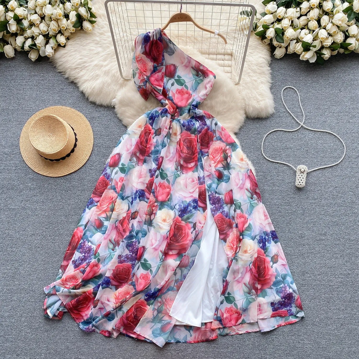 Sleeveless V-neck Print A-line Dress Summer Asymmetric Chiffon Maxi Dress Ladies Casual Dress Clothes Women Chic formal attire