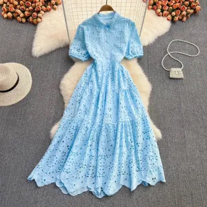 Scalloped-Edge Short Sleeve V-neck Solid A-line Dress Spring High Waist Maxi Dress Ladies Elegant Dresses Clothes Women