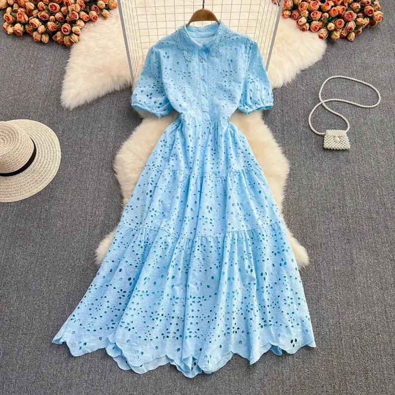 Scalloped-Edge Short Sleeve V-neck Solid A-line Dress Spring High Waist Maxi Dress Ladies Elegant Dresses Clothes Women