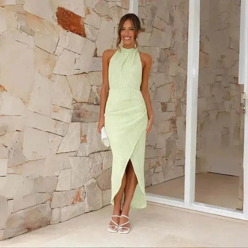 Halter Neck Split Long Dress Summer Slim Fit Backless Dresses Solid Split High neck Long Bodycon  Dress Women's Clothing Feminine Style