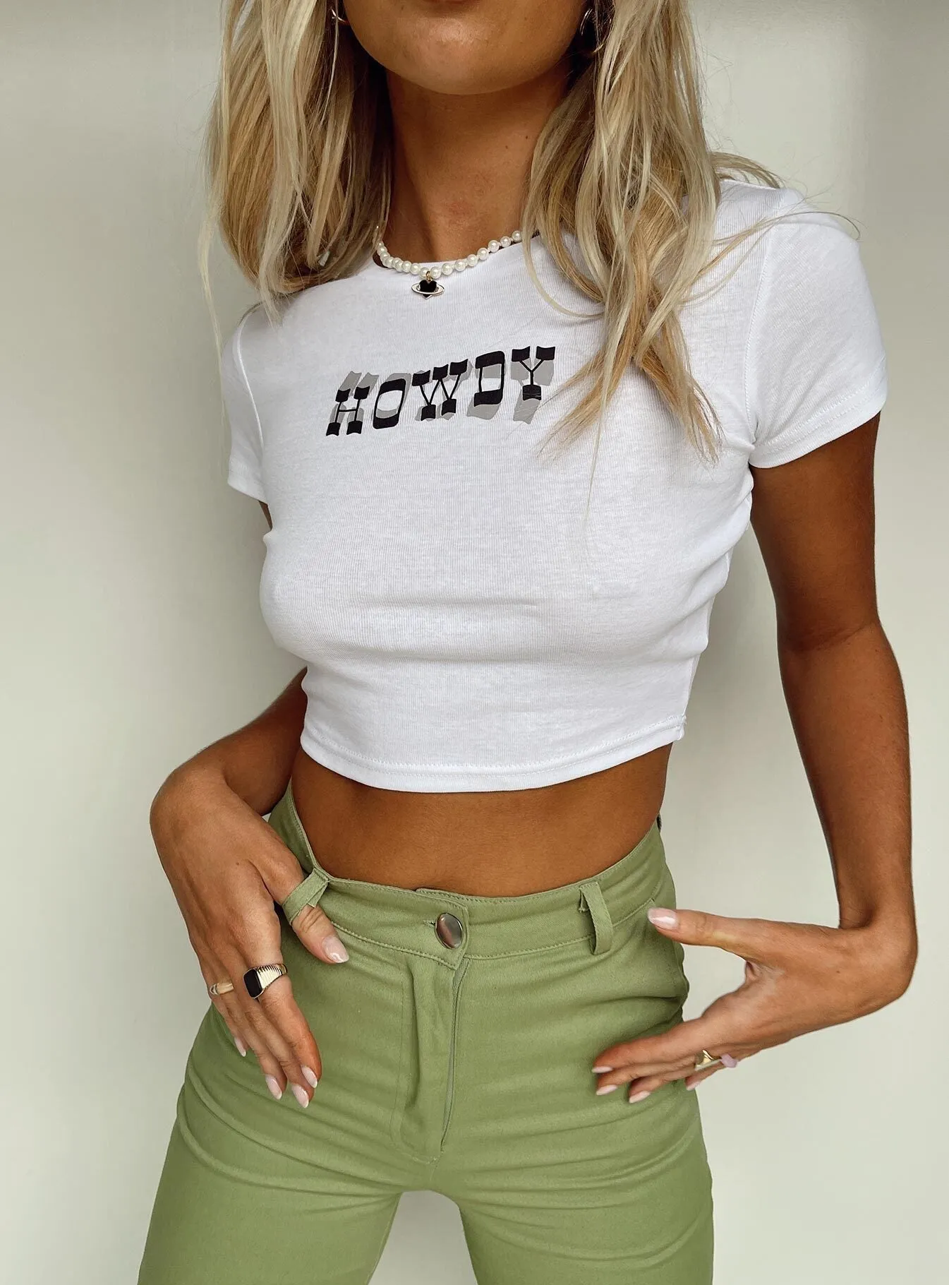 High Quality Printing Howdy Crop Tee White