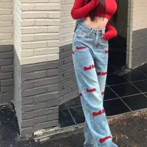 Joy Ease AntiStatic Treatment Alphabet Embroidery Casual Straight Jeans