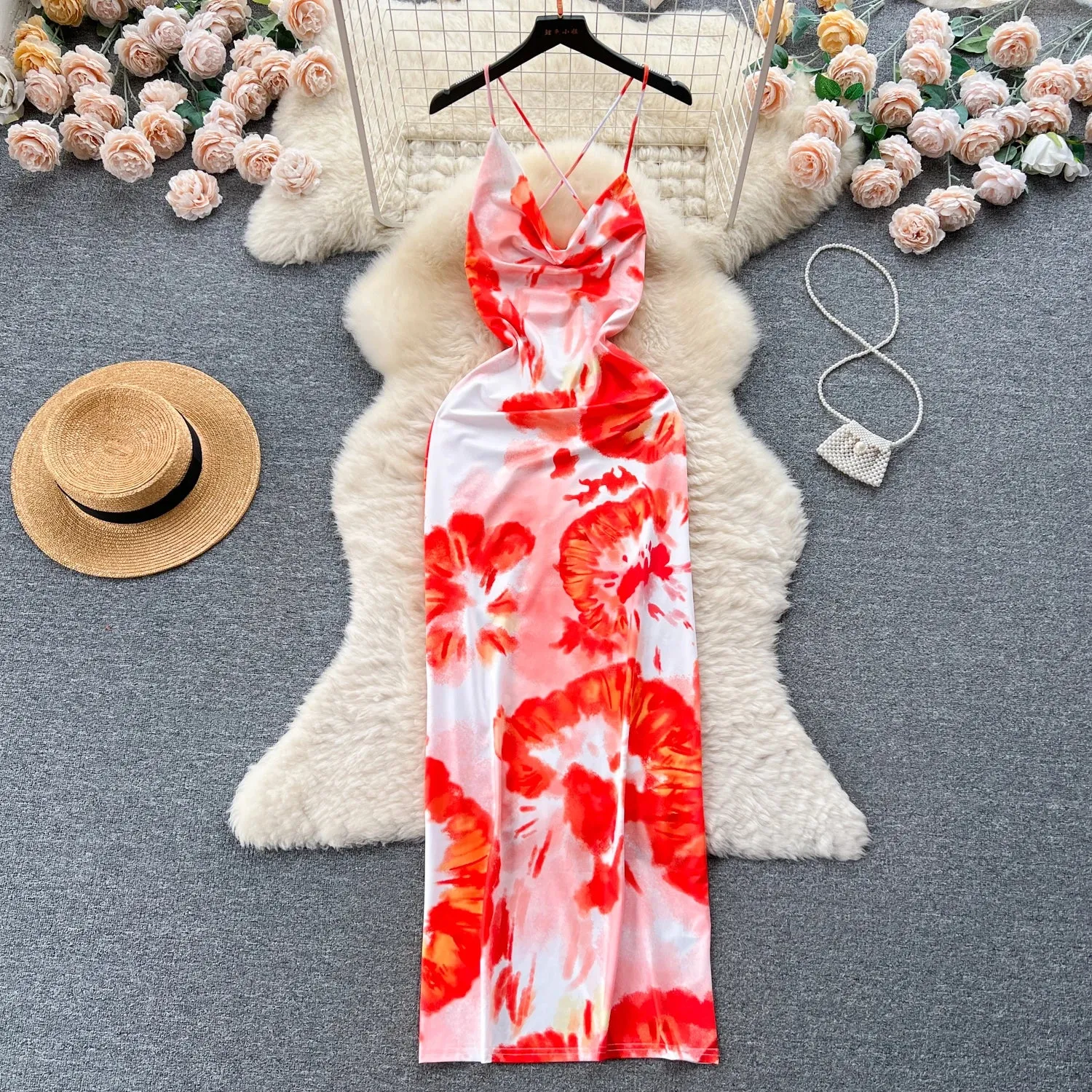 Gloss Finish Printed Halter Swing Neck Dresses Women Hollow Out Backless Vacation Dresses