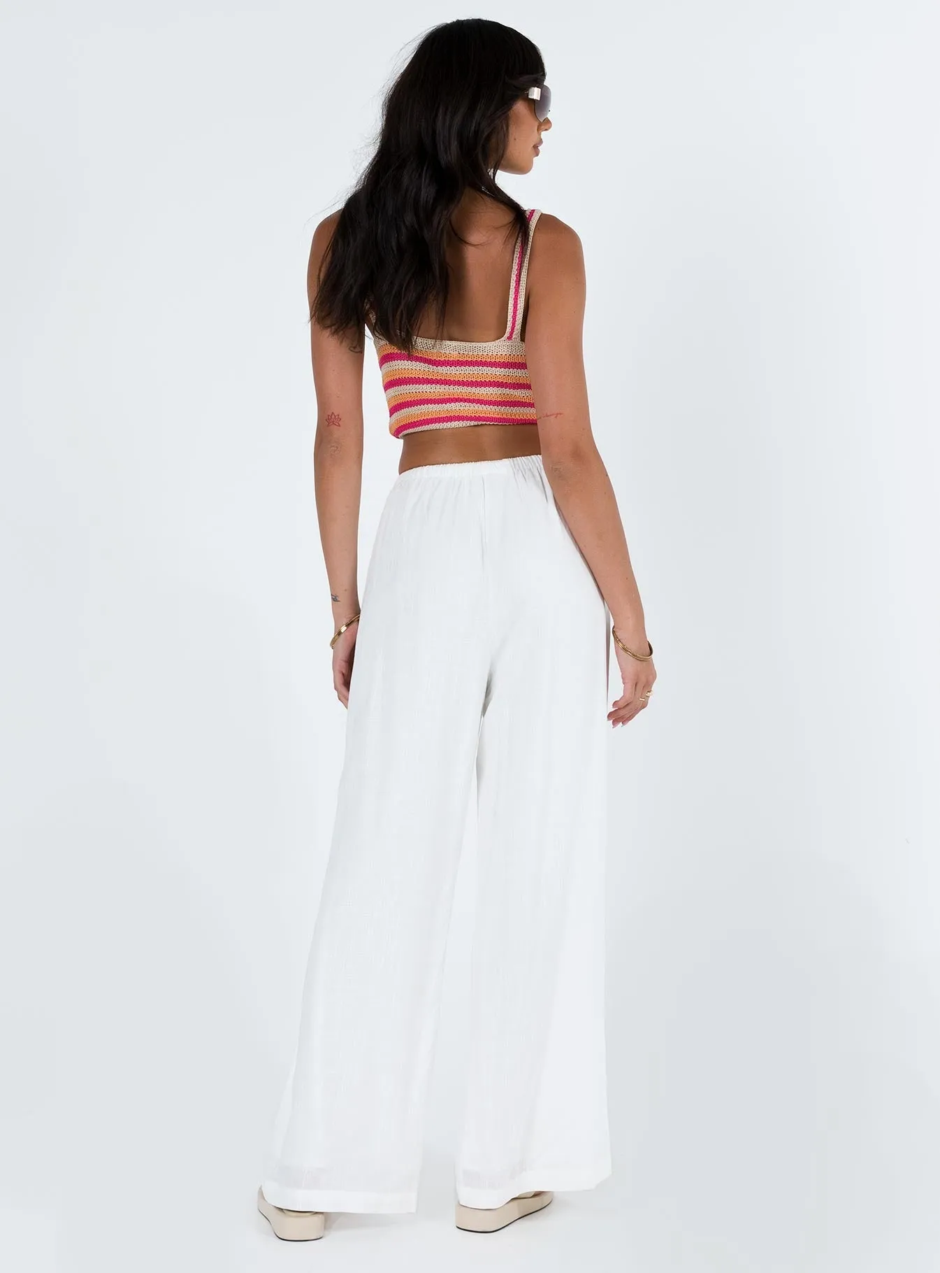 Minimal Waistband Bi Stretch Fabric Ogilvie Linen Blend Pants White Petite