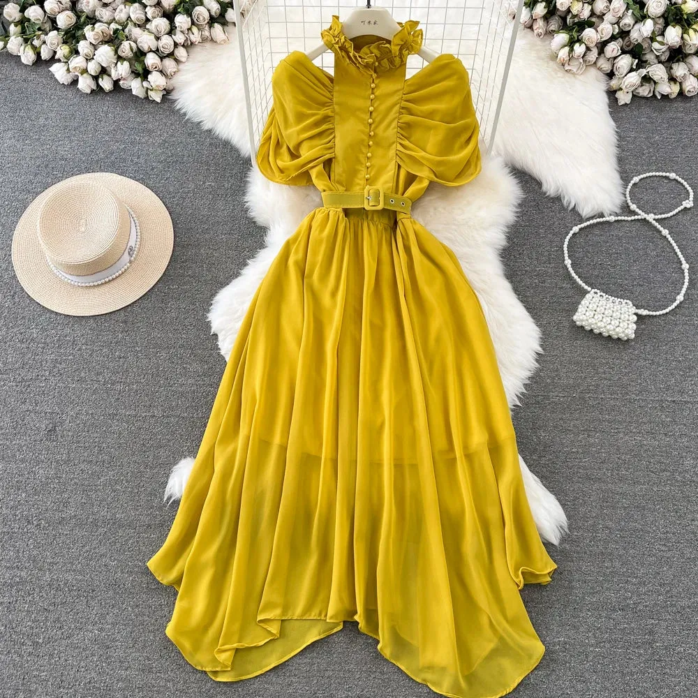 Vibrant Waist Fit Stand Collar Off Shoulder Pleated Waist Dress Women's Tight Slimming A- Line Chiffon Dress Female Elegant Halter Dre