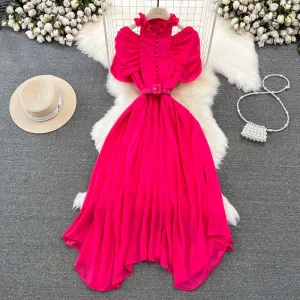Stand Collar Off Shoulder Pleated Waist Dress Women's Tight Slimming A- Line Chiffon Dress Female Elegant Halter Dre Mermaid-Hem