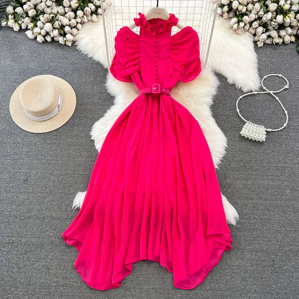 Stand Collar Off Shoulder Pleated Waist Dress Women's Tight Slimming A- Line Chiffon Dress Female Elegant Halter Dre Mermaid-Hem