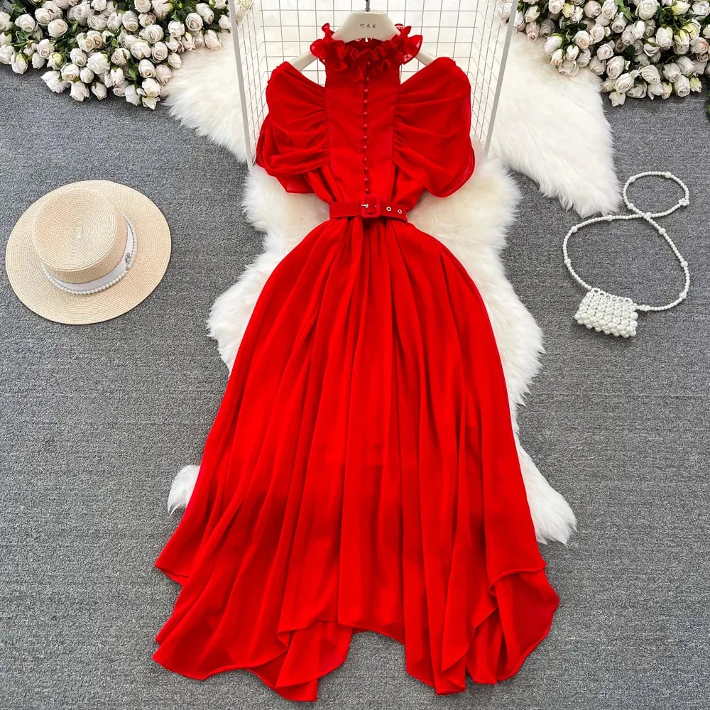 Comfortable Waistband Built-In-Slip Stand Collar Off Shoulder Pleated Waist Dress Women's Tight Slimming A- Line Chiffon Dress Female Elegant Halter Dre