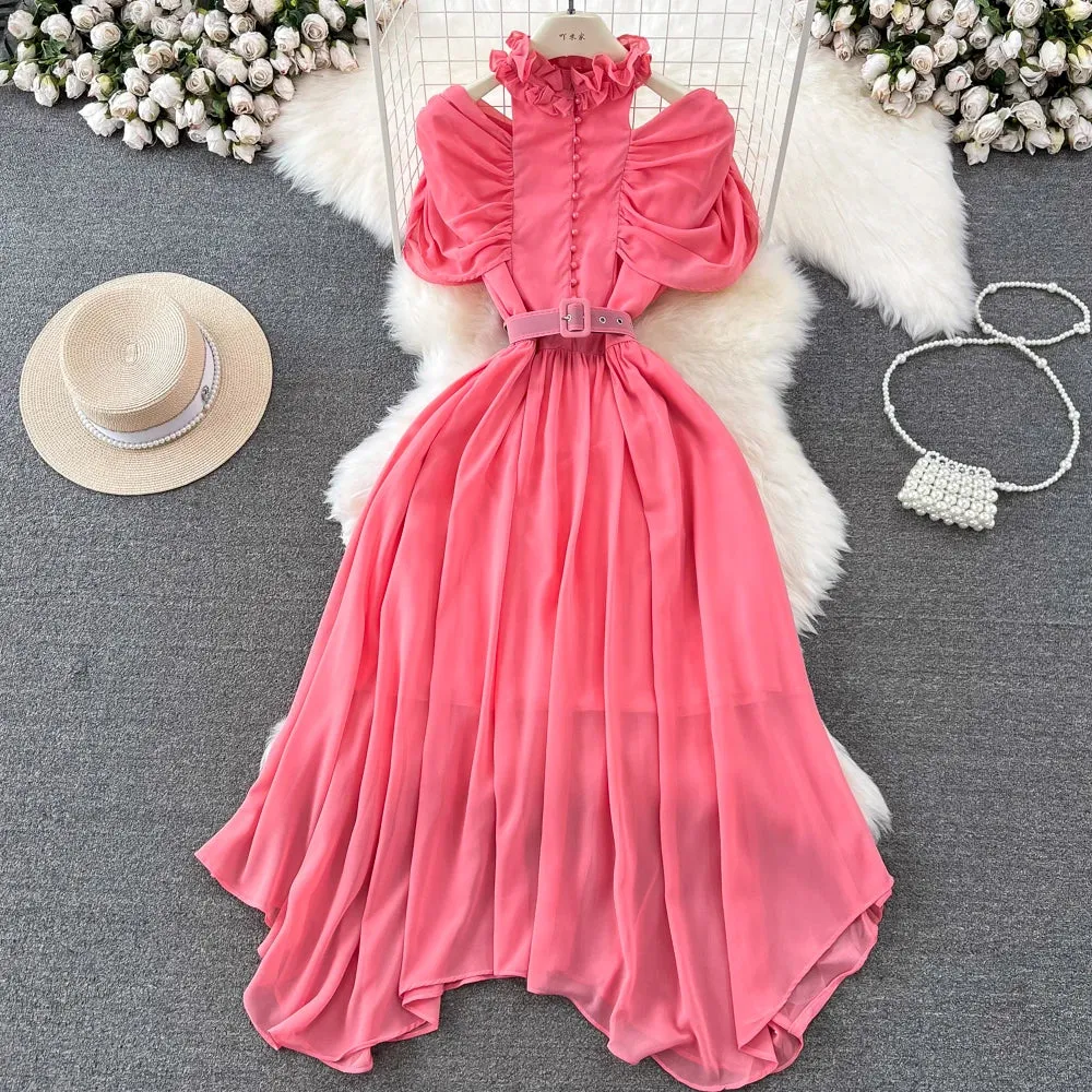 Sleek Fit FoldablePackaging Stand Collar Off Shoulder Pleated Waist Dress Women's Tight Slimming A- Line Chiffon Dress Female Elegant Halter Dre