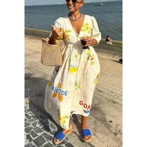 European And American Spring And Summer Casual Puff Sleeve Dress Loose Vacation  Midi  Dress Vibrant Spirit Easy Lovely