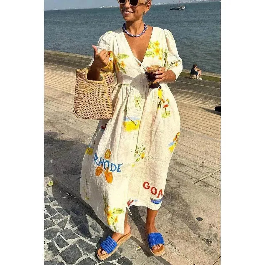 Fresh Texture Playful Cut European And American Spring And Summer Casual Puff Sleeve Dress Loose Vacation  Midi  Dress