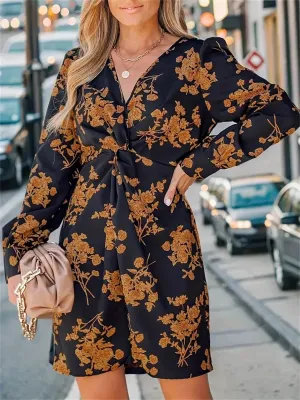 Muted Tones Clean Lines Casual Spring V-neck long sleeve Floral mini dress