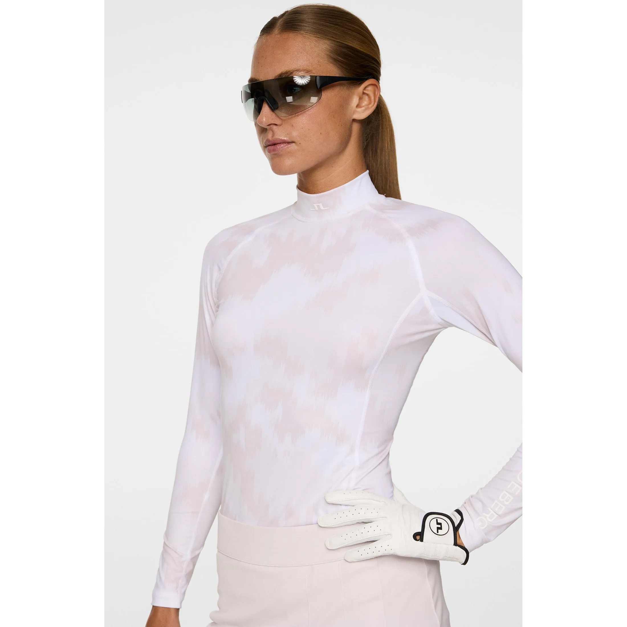 J.Lindeberg Women's Ella Print Compression Golf Shirt - Warp Grey Lilac Comfort Wear mesh ventilation