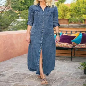 Summer New Women's Loose Solid Color Casual Single-breasted Denim Dress Resort Ready Classic and Chic