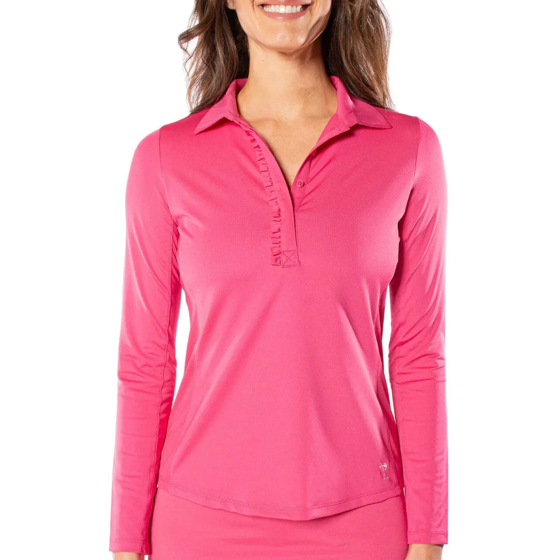 Golftini Women's Long Sleeve Ruffle Golf Shirt - Hot Pink Busy Glow