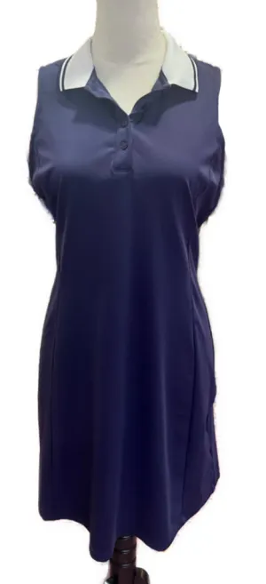 Flattering Lines Satin Soft Tommy Bahama Navy Sleeveless Dress with White Collar Size M MSP$148