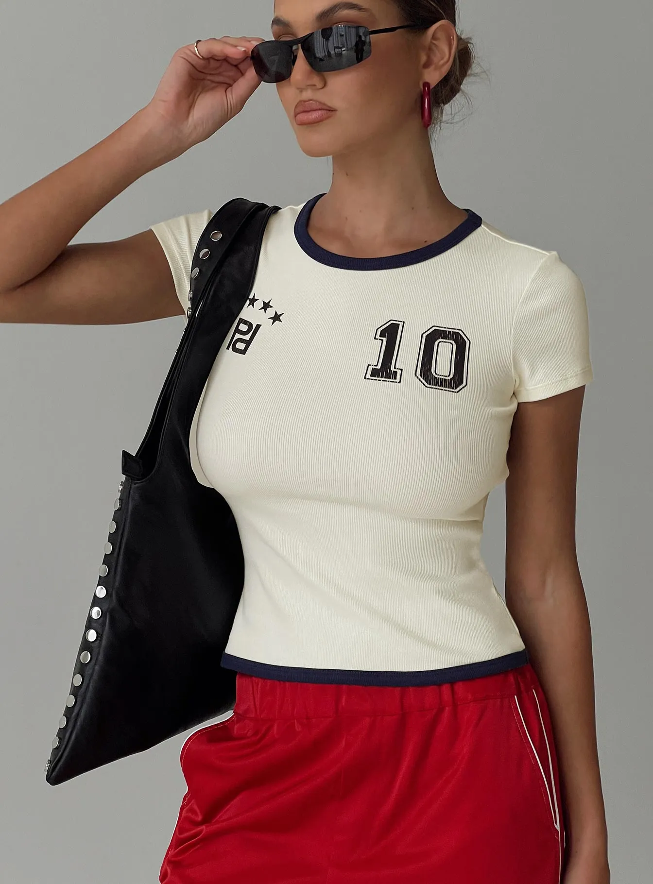 Casual Vibes Track Record Graphic Top Cream