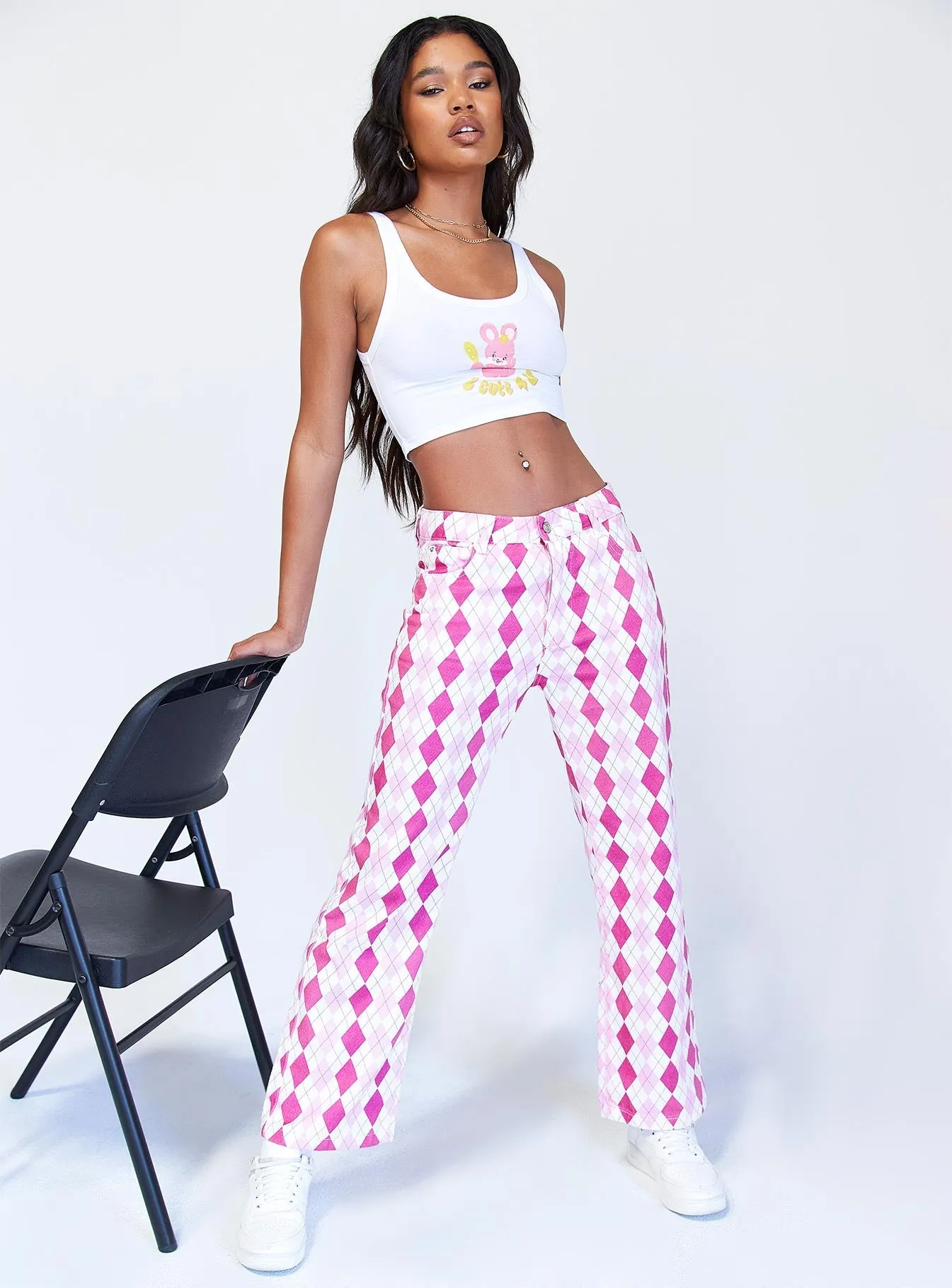 Zoey Argyle Straight Leg Pant Pink Sleek Waist