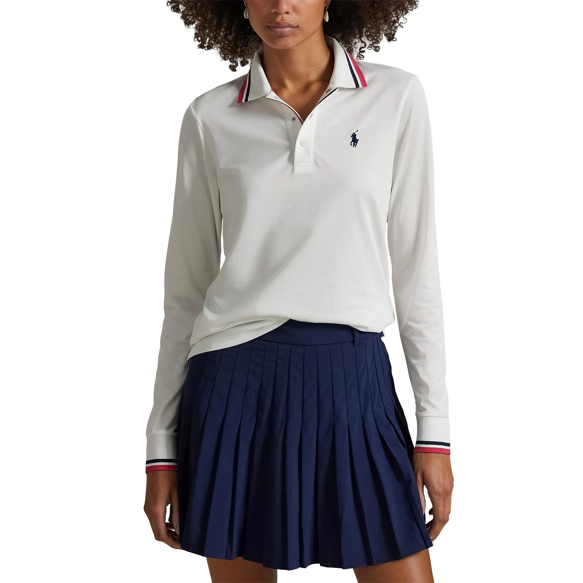 RLX Ralph Lauren Women's Tour Pique Long Sleeve Polo Shirt - Ceramic White/Currant MoistureWickingMaterial Dance Light