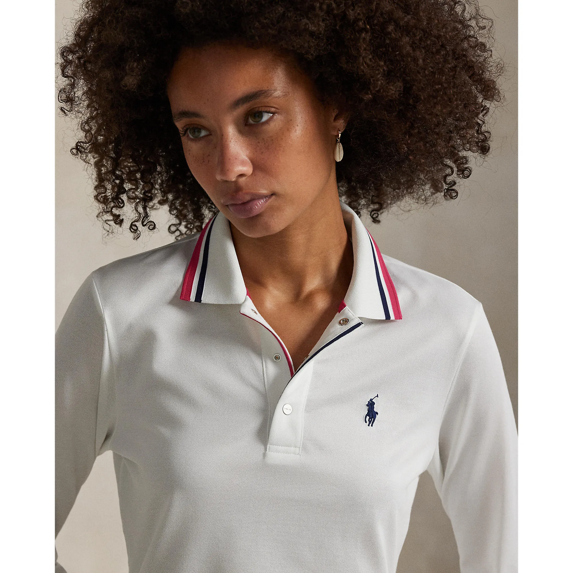 RLX Ralph Lauren Women's Tour Pique Long Sleeve Polo Shirt - Ceramic White/Currant ChafeFree Design Bead Soul