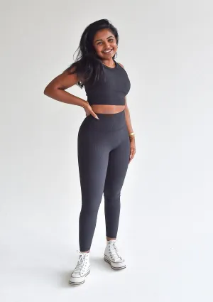 Minimalist Style Dance Practice Seamless Design Summer Wear Ribbed Leggings - Charcoal