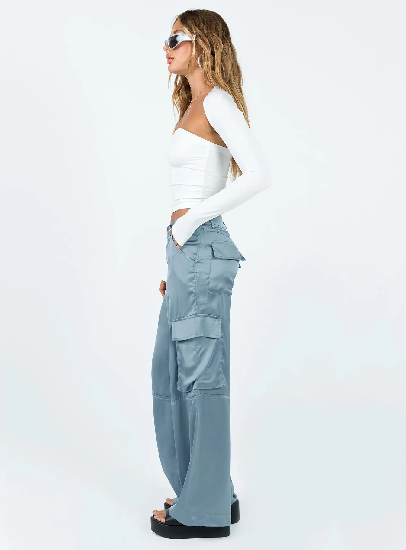 Zora Satin Cargo Pant Blue Stretch Support Fit