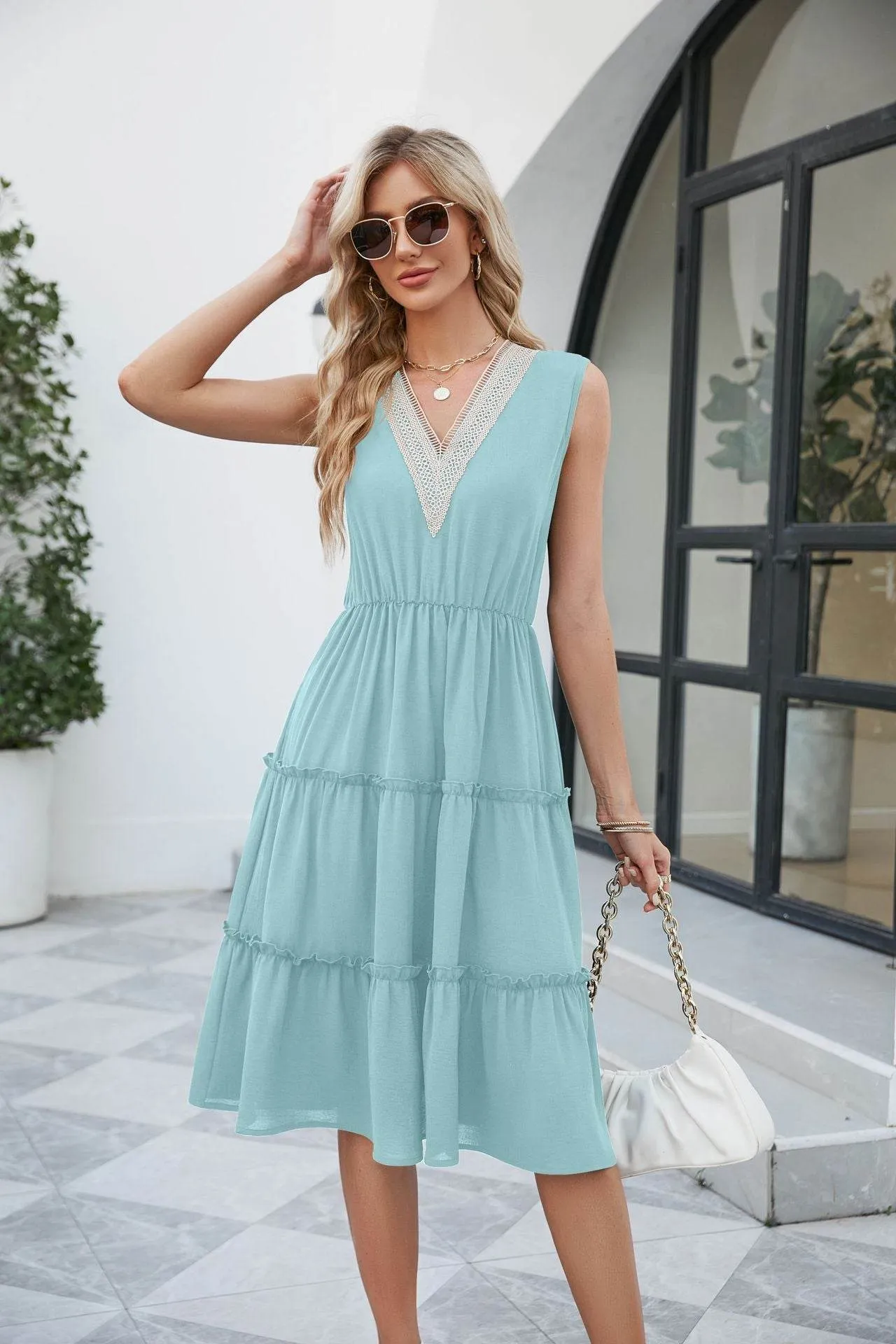 V-neck Dresses Women Sleeveless Pleated Ruffle Elegant Dress Beach Summer Artistic Vibe Pure Aesthetic