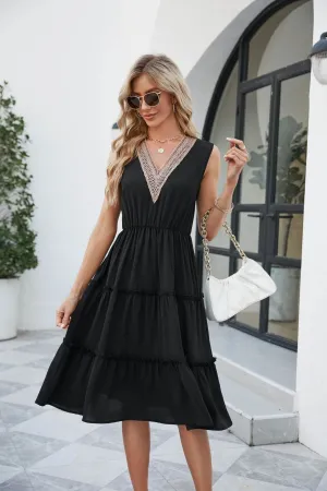 Flattering Silhouette V-neck Dresses Women Sleeveless Pleated Ruffle Elegant Dress Beach Summer