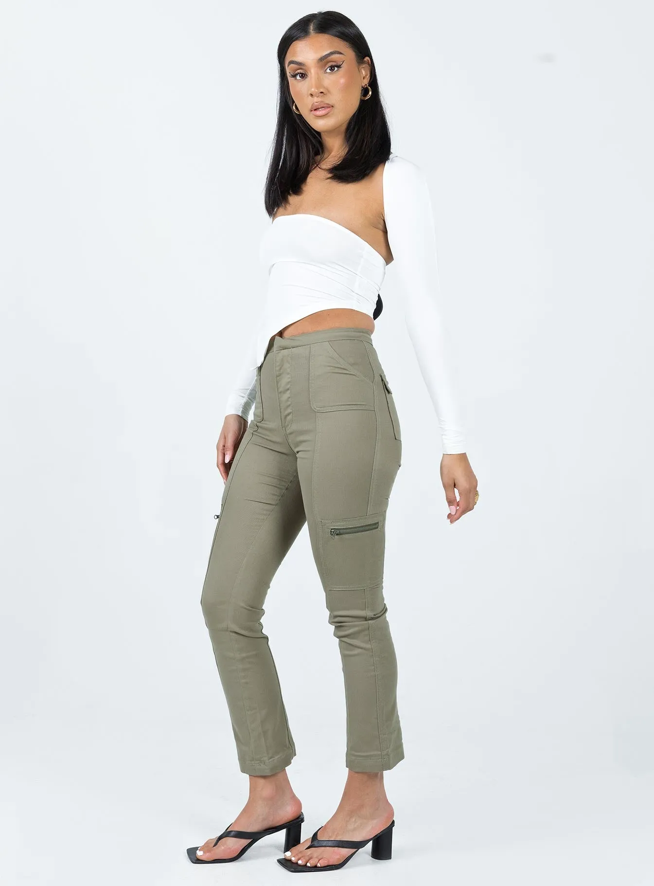 In Line Straight Leg Cargo Pants Green Flexible Fit