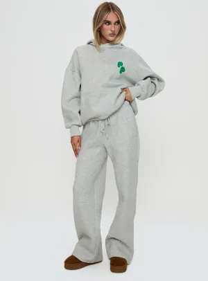 Versatile Look Princess Polly Wide Leg Track Pant Bubble Text Grey Marle / Green